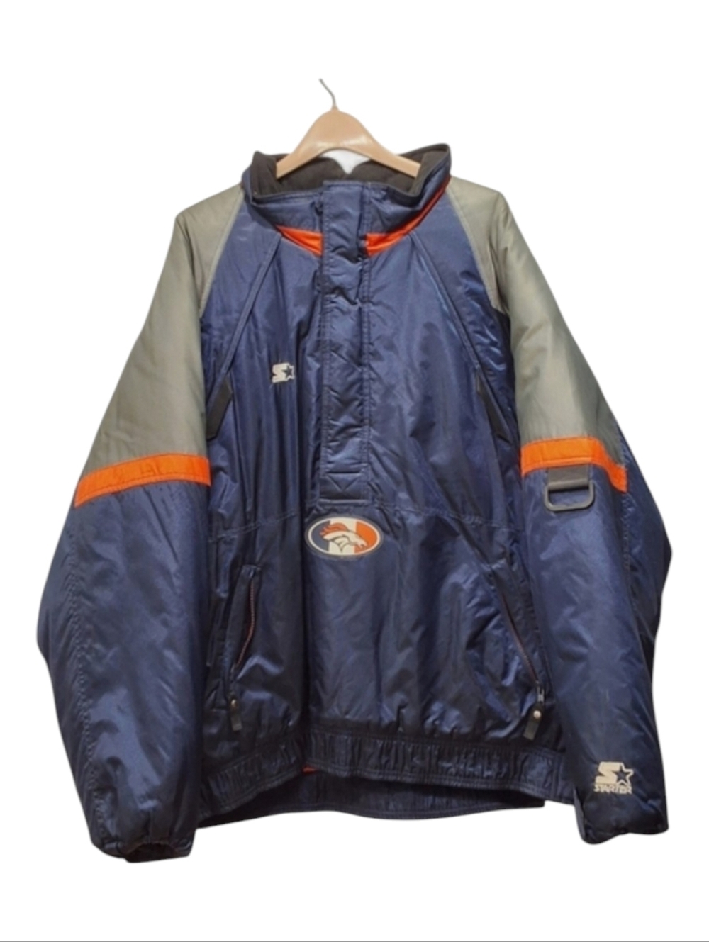 Pro Line NFL~VTG Denver Broncos Puffer Pullover Jacket~1/4 Zip~Navy Orange~XL